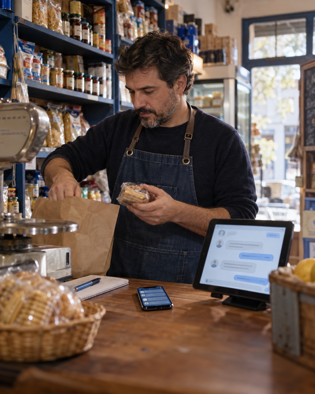 Comerciante trabajando mientras un agente de inteligencia artificial atiende consultas digitales